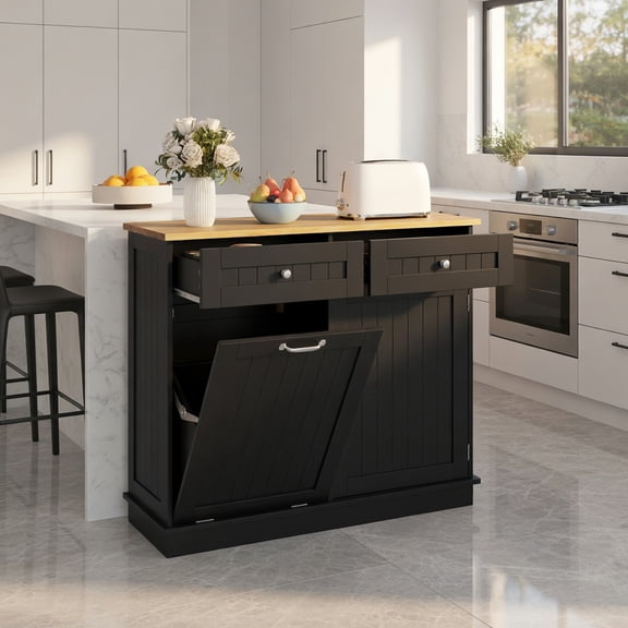Demi Bonn Kitchen Storage Cabinet, Buffet Sideboard, Rubber Wood Kitchen Trash Cabinet with Single Trash Can Holder and Adjustable Shelf, for Dining Room, Kitchen, Living Room, Black