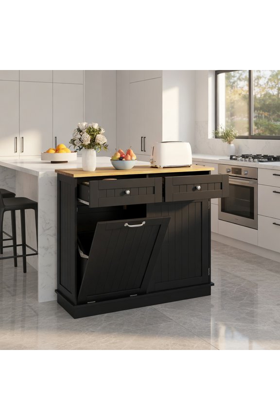 Kitchen Storage Cabinet, Buffet Sideboard, Rubber Wood Kitchen Trash Cabinet with Single Trash Can Holder and Adjustable Shelf, for Dining Room, Kitchen, Living Room, Black