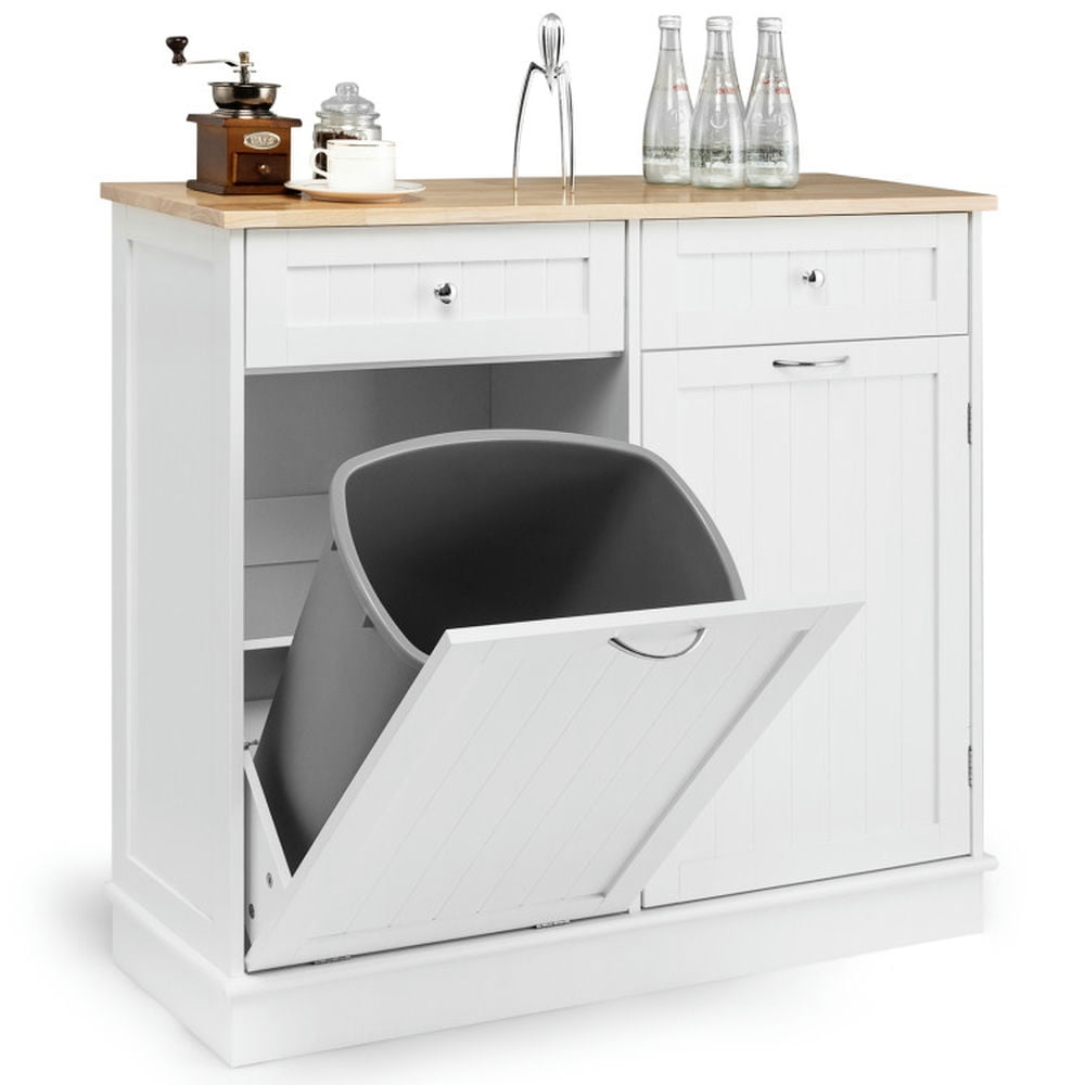 White Rubber Wood Kitchen Trash Cabinet with Adjustable Shelf