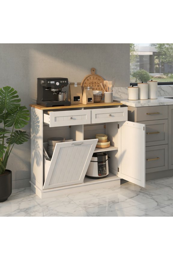 Kitchen Storage Cabinet, Buffet Sideboard, Rubber Wood Kitchen Trash Cabinet with Single Trash Can Holder and Adjustable Shelf, for Dining Room, Kitchen, Living Room, White