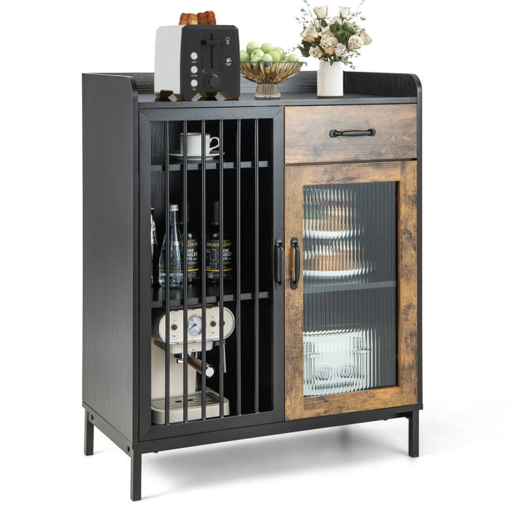 Finihen Kitchen Storage Cabinet, Buffet Sideboard, Kitchen Sideboard Buffet Industrial Pantry Cupboard with Metal Glass Door, for Dining Room, Kitchen, Living Room, Rustic Brown Finihen Kitchen Storage Cabinet, Buffet Sideboard, Kitchen Sideboard Buffet Industrial Pantry Cupboard with Metal Glass Door, for Dining Room, Kitchen, Living Room, Rustic Brown