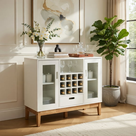 Demi Bonn Kitchen Storage Cabinet, Buffet Sideboard, Wood Wine Storage Cabinet Sideboard Console Buffet Server, for Dining Room, Kitchen, Living Room, White