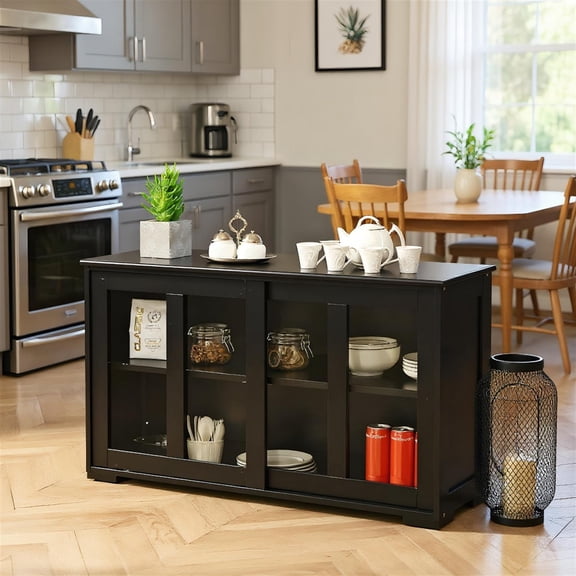 Demi Bonn Kitchen Storage Cabinet, Buffet Sideboard, with Glass Sliding Door, for Dining Room, Kitchen, Living Room, Black
