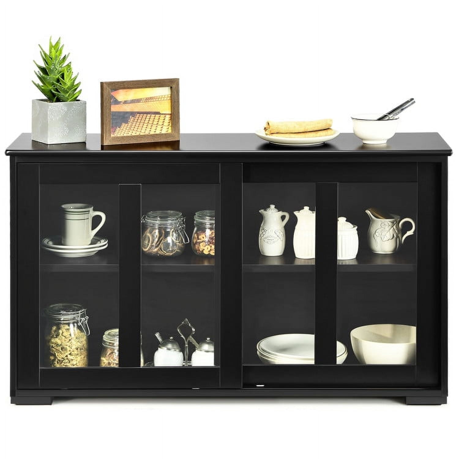 Demi Bonn Kitchen Storage Cabinet, Buffet Sideboard, with Glass Sliding Door, for Dining Room, Kitchen, Living Room, Black