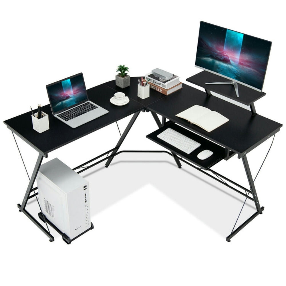 Finihen L Shaped Computer Desk Home Office Desk Workstation with Movable Monitor Stand, Black Finihen L Shaped Computer Desk Home Office Desk Workstation with Movable Monitor Stand, Black