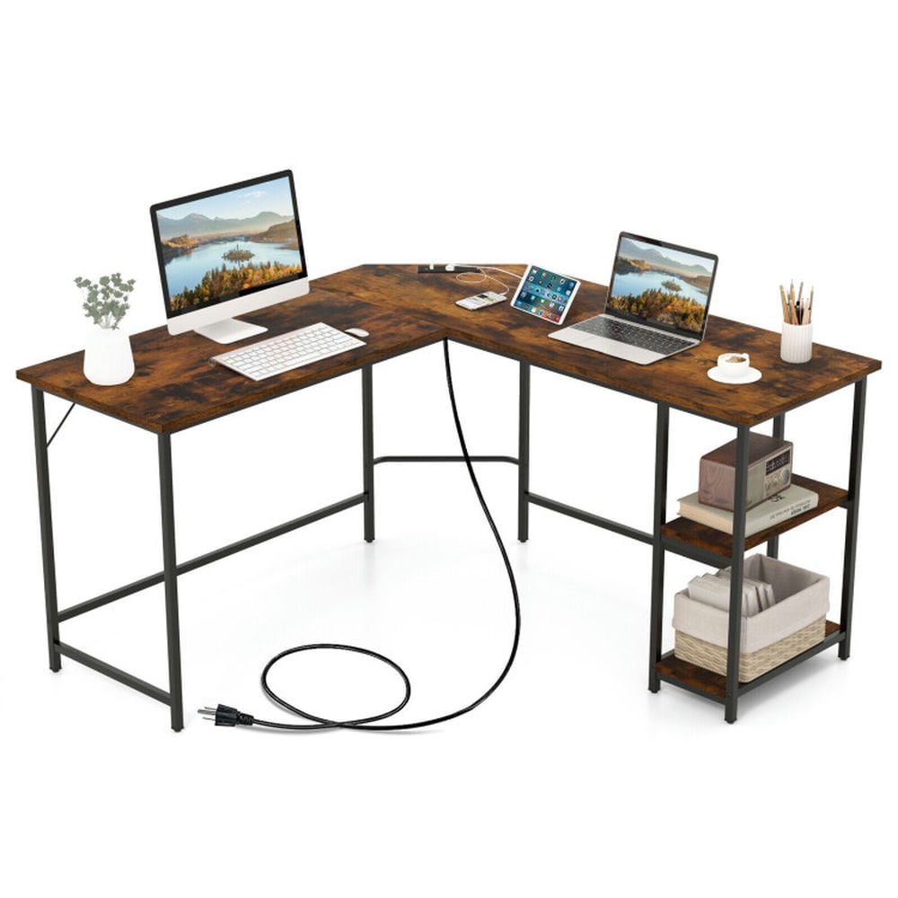 Finihen L Shaped Computer Desk with 2 Outlets and 2 USB Ports, Small Home Office Desk Study Writing Table, Brown Finihen L Shaped Computer Desk with 2 Outlets and 2 USB Ports, Small Home Office Desk Study Writing Table, Brown