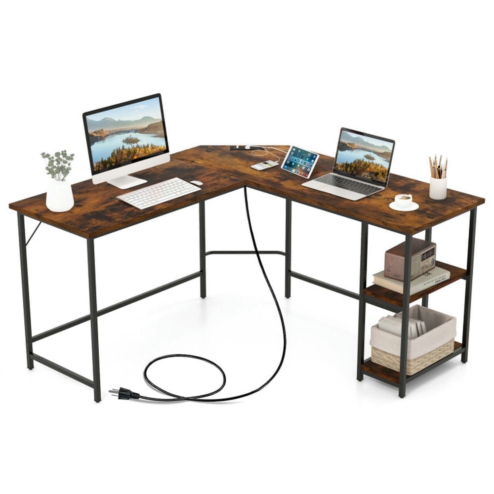 Demi Bonn L Shaped Computer Desk with 2 Outlets and 2 USB Ports, Small Home Office Desk Study Writing Table, Brown