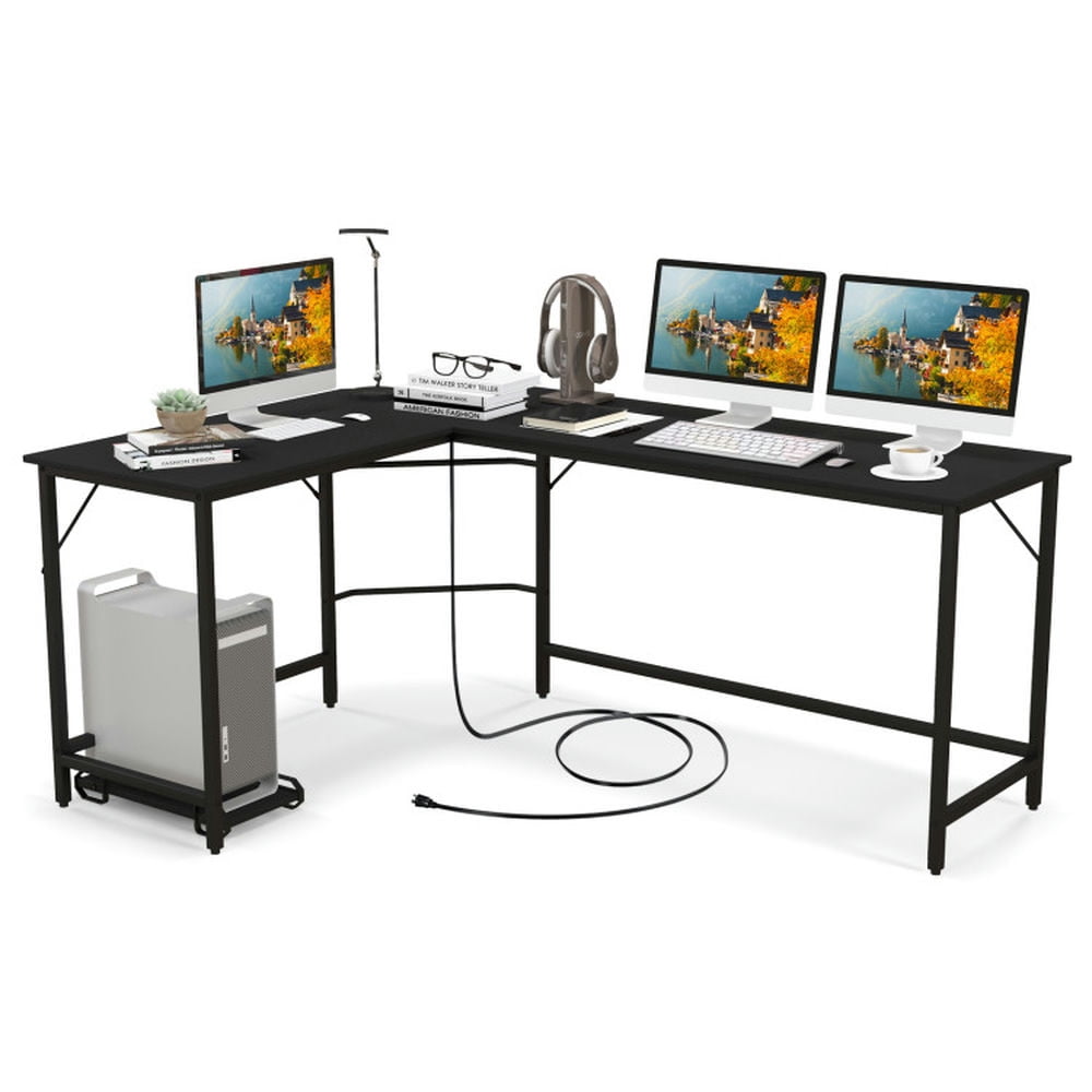 Finihen L-Shaped Computer Desk with CPU Stand Power Outlets and USB Ports, Small Home Office Desk Study Writing Table, Black