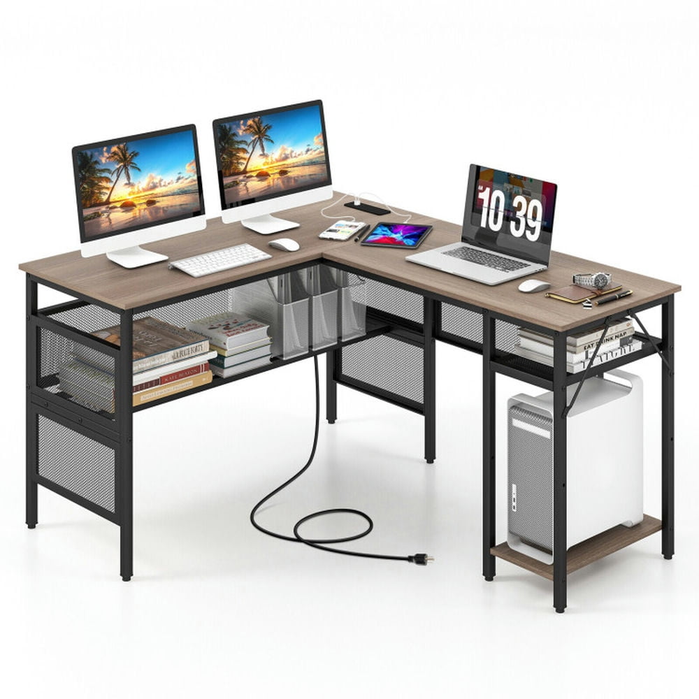 Finihen L-Shaped Computer Desk with Charging Station and Adjustable Shelf, Small Home Office Desk Study Writing Table, Gray Finihen L-Shaped Computer Desk with Charging Station and Adjustable Shelf, Small Home Office Desk Study Writing Table, Gray