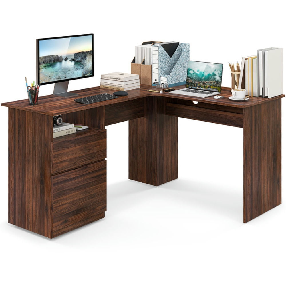 Finihen L-Shaped Computer Desk with Letter File Drawer, Small Home Office Desk Study Writing Table, Brown