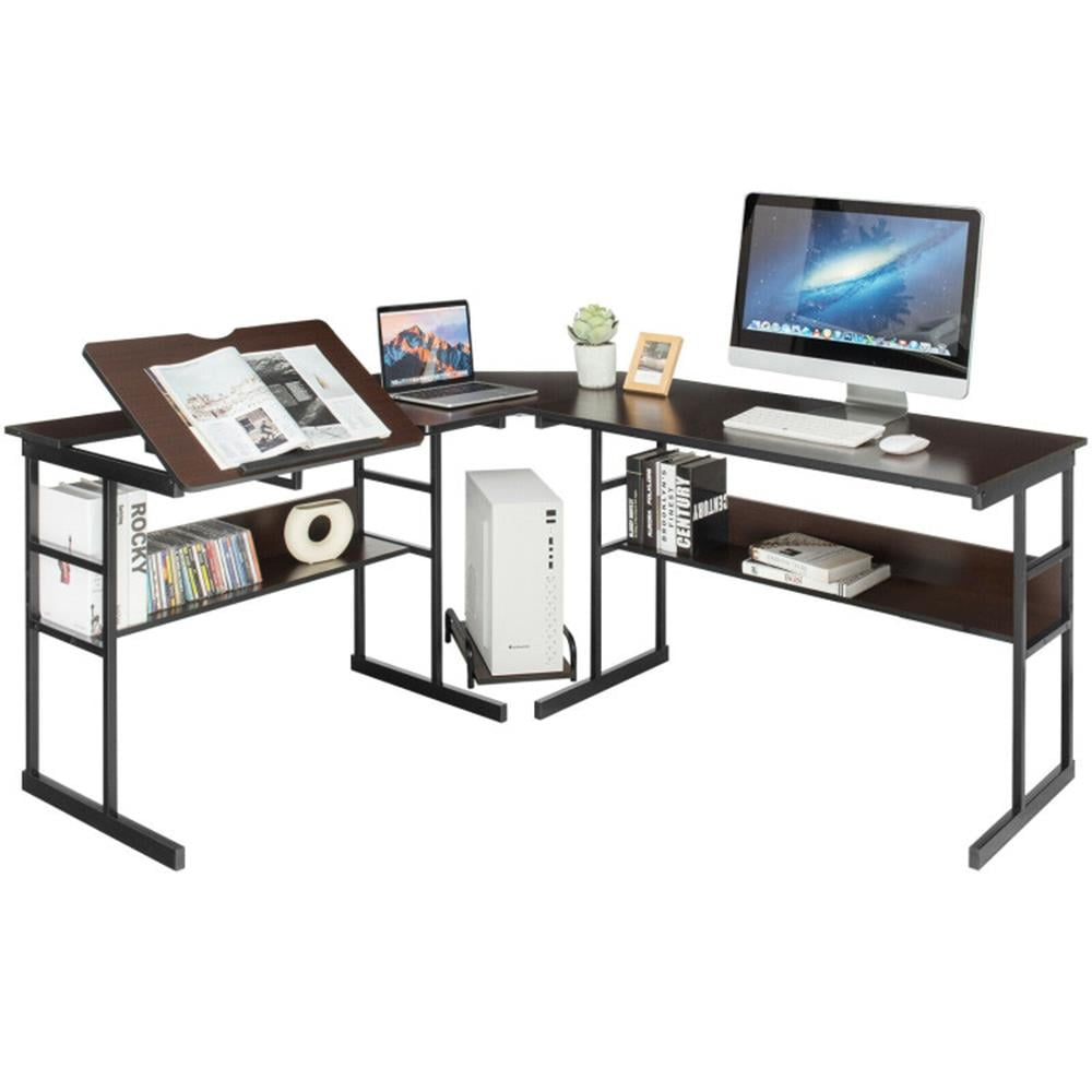 Finihen L-Shaped Computer Desk with Tiltable Tabletop, Small Home Office Desk Study Writing Table, Brown Finihen L-Shaped Computer Desk with Tiltable Tabletop, Small Home Office Desk Study Writing Table, Brown