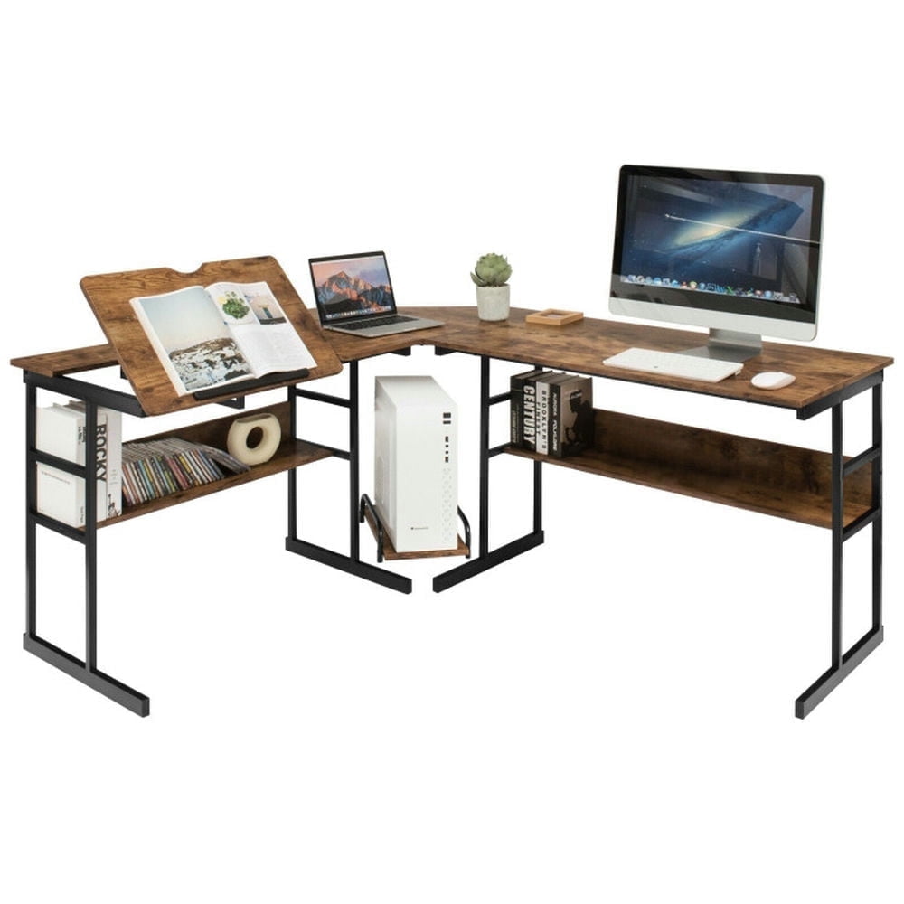 Demi Bonn L-Shaped Computer Desk with Tiltable Tabletop, Small Home Office Desk Study Writing Table, Rustic Brown