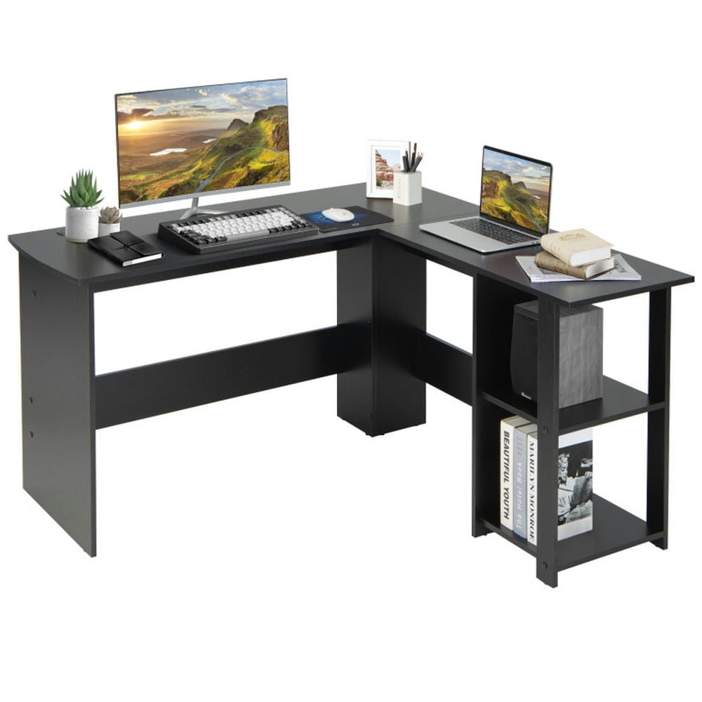Finihen L Shaped Corner Computer Desk with Storage Shelves, Small Home Office Desk Study Writing Table, Black Finihen L Shaped Corner Computer Desk with Storage Shelves, Small Home Office Desk Study Writing Table, Black