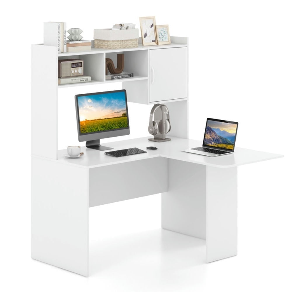 Demi Bonn L-Shaped Desk Corner Computer Desk with Open Storage Hutch and Cabinet, Small Home Office Desk Study Writing Table, White