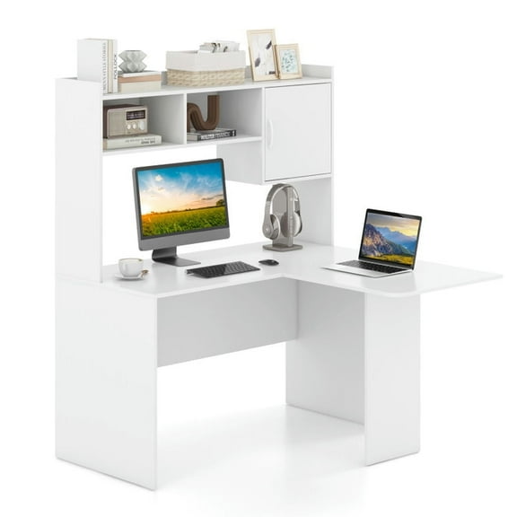 Demi Bonn L-Shaped Desk Corner Computer Desk with Open Storage Hutch and Cabinet, Small Home Office Desk Study Writing Table, White