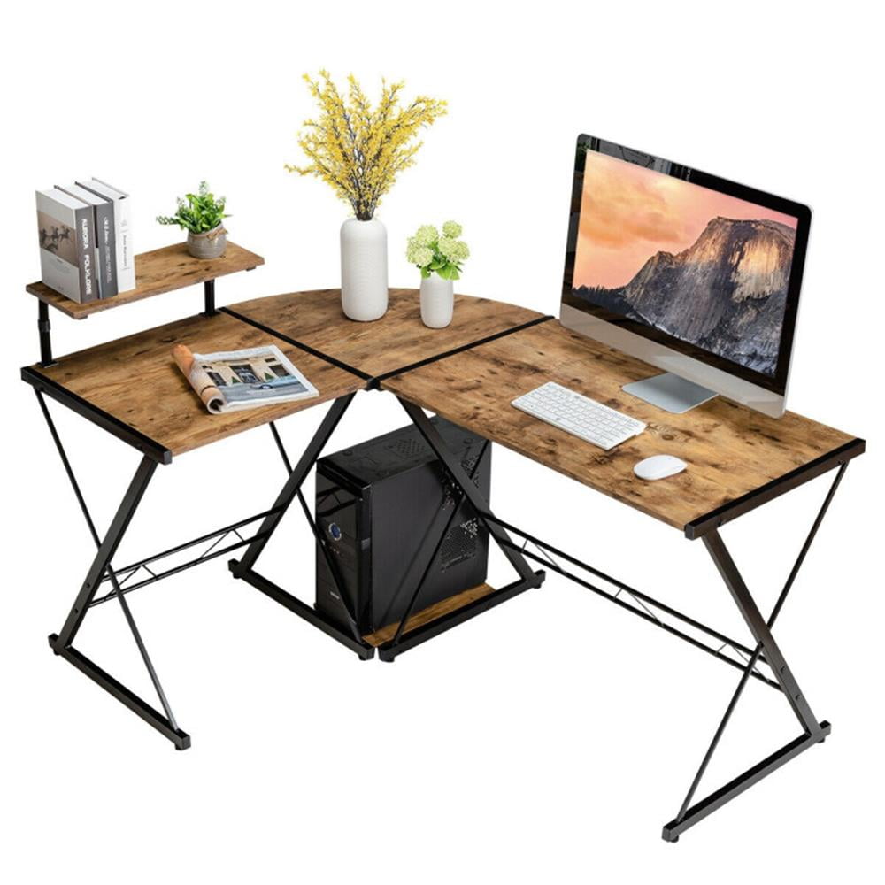 Finihen L-Shaped Desk Reversible Corner Computer Desk with Movable Shelf and CPU Stand, Small Home Office Desk Study Writing Table, Walnut Finihen L-Shaped Desk Reversible Corner Computer Desk with Movable Shelf and CPU Stand, Small Home Office Desk Study Writing Table, Walnut