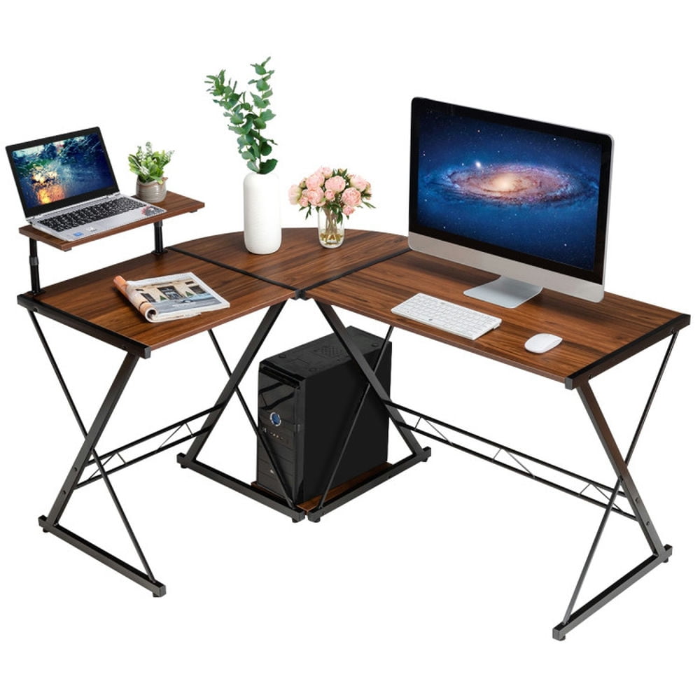 Finihen L-Shaped Desk Reversible Corner Computer Desk with Movable Shelf and CPU Stand, Small Home Office Desk Study Writing Table, Walnut Finihen L-Shaped Desk Reversible Corner Computer Desk with Movable Shelf and CPU Stand, Small Home Office Desk Study Writing Table, Walnut