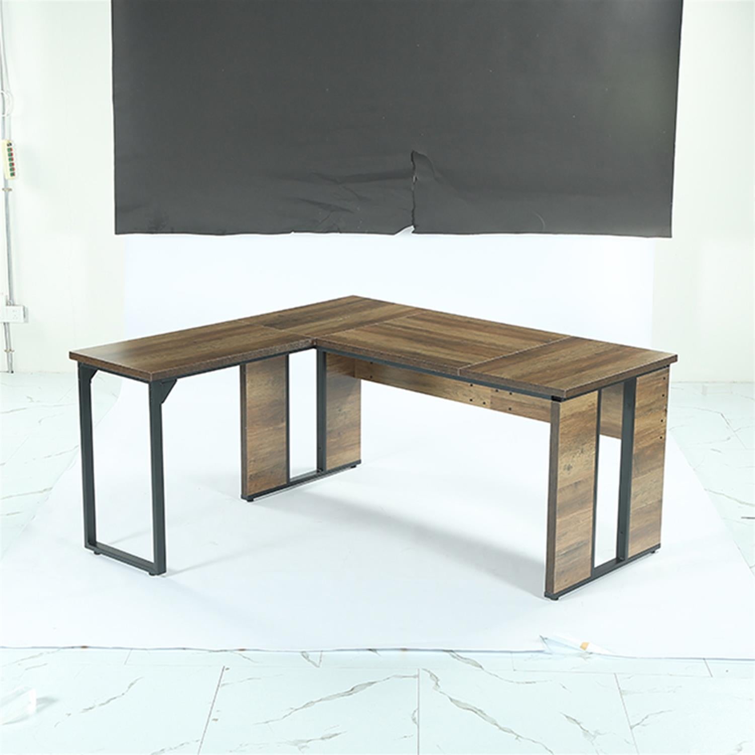 Demi Bonn L-Shaped Executive Desk, 63" Corner Table Computer Desk Workstations for Home Living Room, Office, Brown