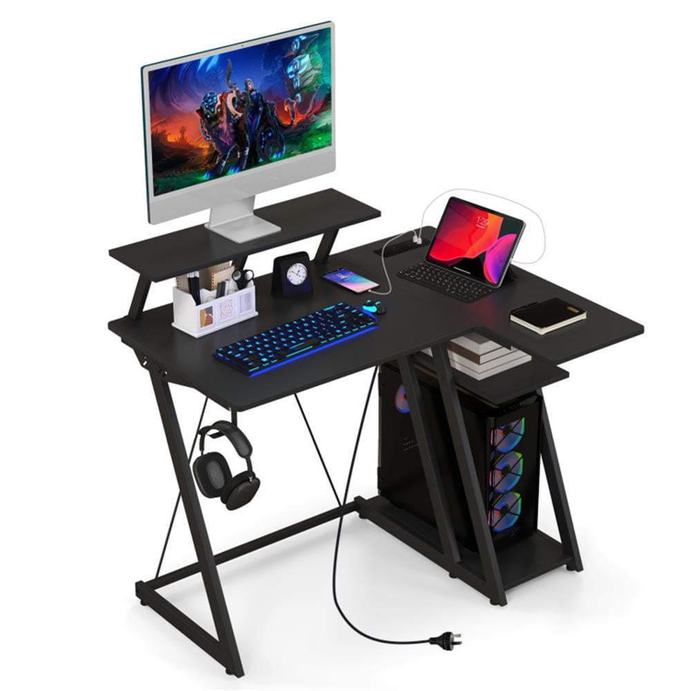 Finihen L Shaped Gaming Desk with Outlets and USB Ports, Small Home Office Desk Study Writing Table, Black