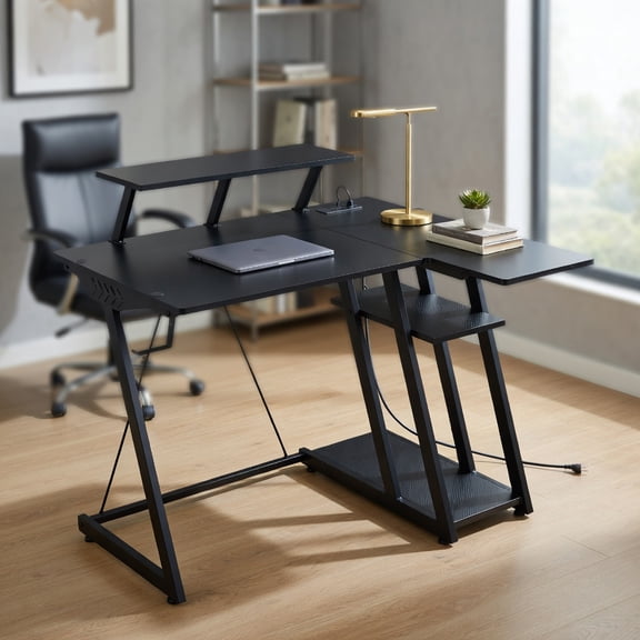 Demi Bonn L Shaped Gaming Desk with Outlets and USB Ports, Small Home Office Desk Study Writing Table, Black