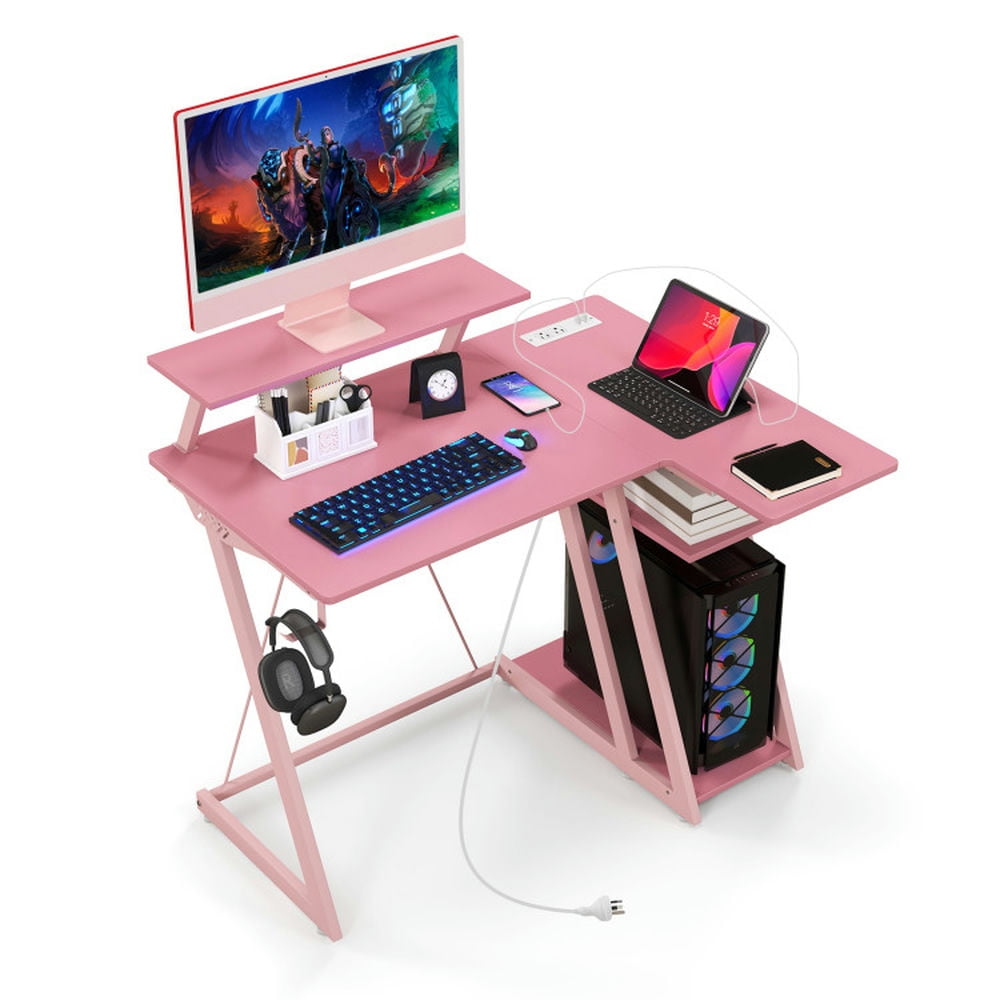 Finihen L Shaped Gaming Desk with Outlets and USB Ports, Small Home Office Desk Study Writing Table, Pink Finihen L Shaped Gaming Desk with Outlets and USB Ports, Small Home Office Desk Study Writing Table, Pink