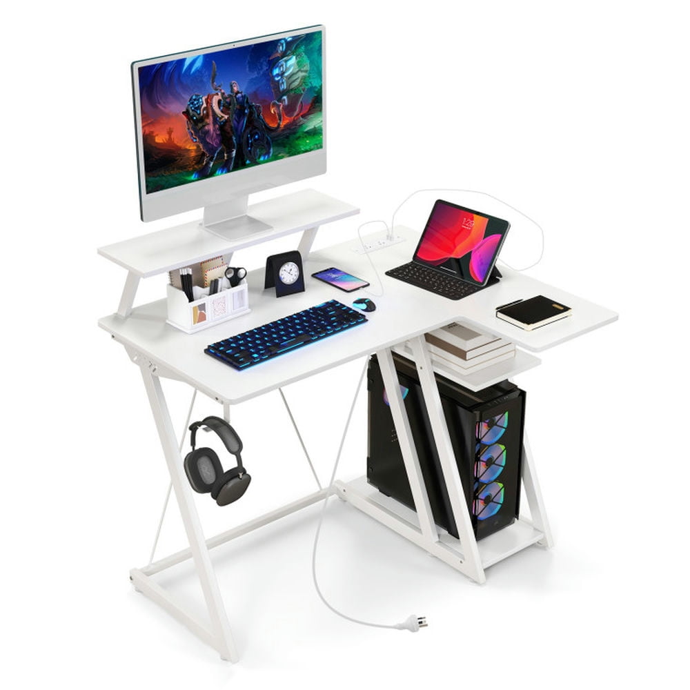 Finihen L Shaped Gaming Desk with Outlets and USB Ports, Small Home Office Desk Study Writing Table, White Finihen L Shaped Gaming Desk with Outlets and USB Ports, Small Home Office Desk Study Writing Table, White