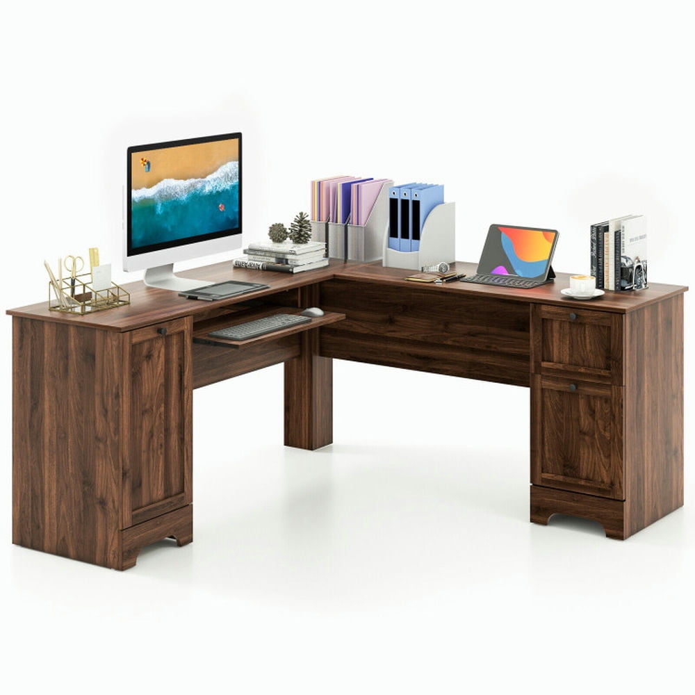 Finihen L-Shaped Office Desk with Storage Drawers and Keyboard Tray, Small Home Computer Desk Study Writing Table, Walnut