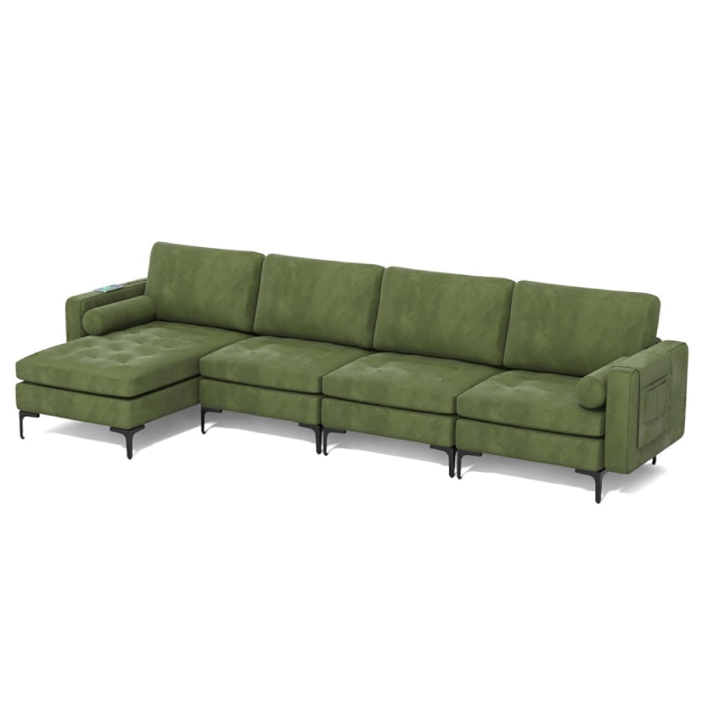 Demi Bonn L-Shaped Sectional Sofa Couch, Sofa Bed, Modular L-shaped 4-Seat Sectional Sofa with Reversible Chaise and 2 USB Ports, for Living Room, Army Green