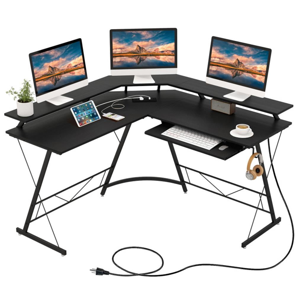 Finihen L-shaped Computer Desk with Power Outlet and Monitor Stand, Small Home Office Desk Study Writing Table, Black