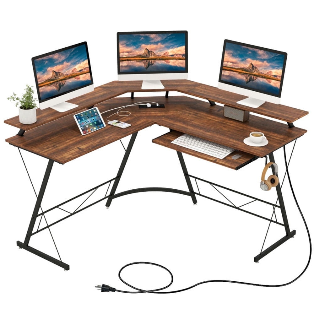 Demi Bonn L-shaped Computer Desk with Power Outlet and Monitor Stand, Small Home Office Desk Study Writing Table, Brown