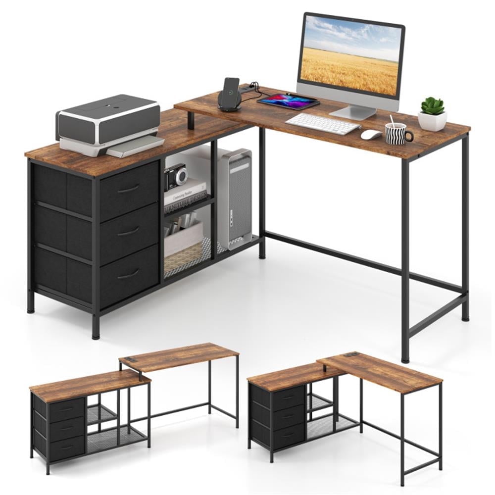 Demi Bonn L-shaped Computer Desk with Power Outlet for Working Studying Gaming, Small Home Office Desk Study Writing Table, Brown