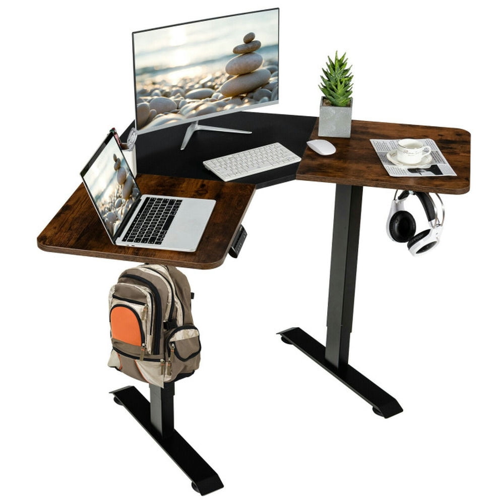 Finihen L-shaped Electric Standing Desk with 4 Memory Positions and LCD Display, Small Home Office Desk Study Writing Table, Brown Finihen L-shaped Electric Standing Desk with 4 Memory Positions and LCD Display, Small Home Office Desk Study Writing Table, Brown