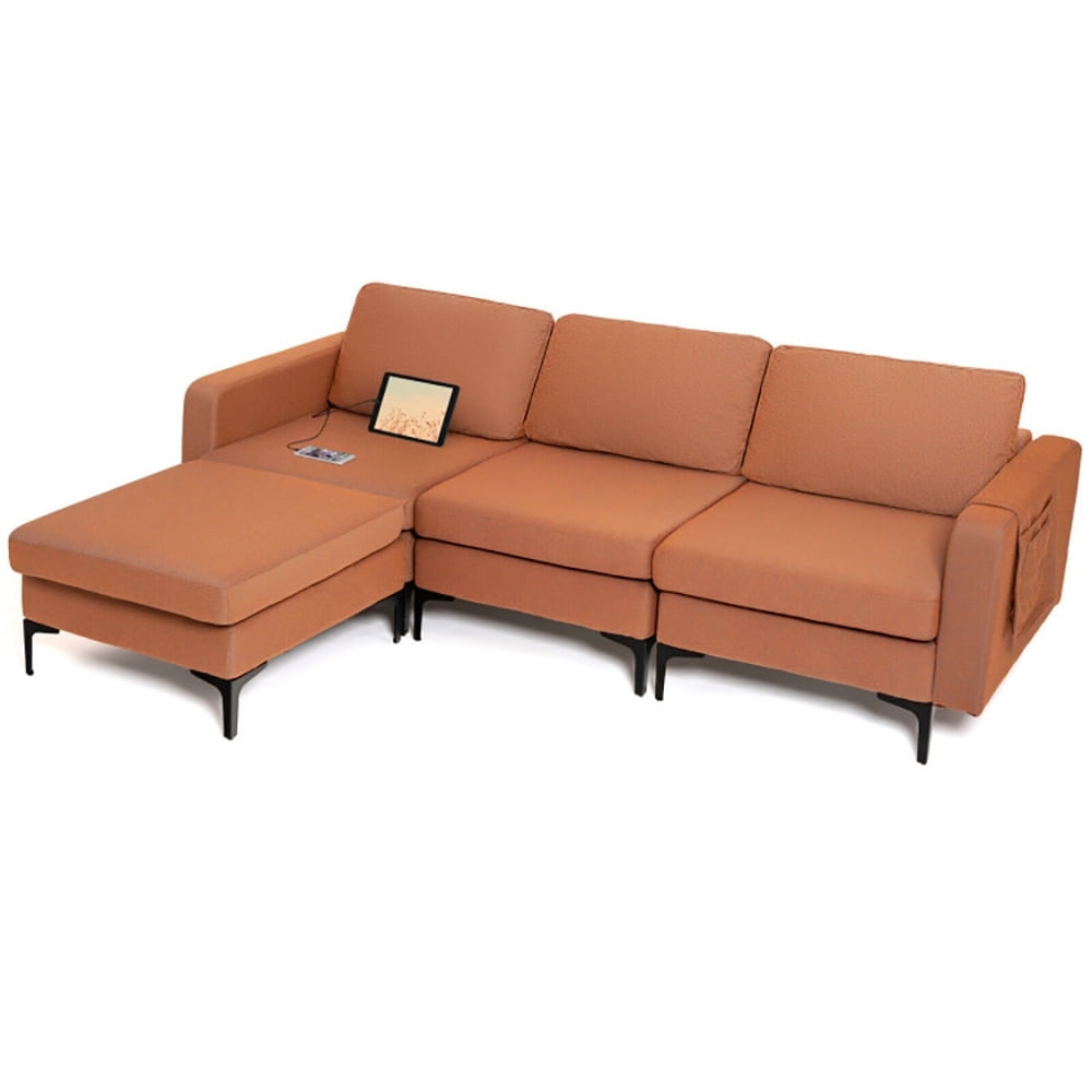 Demi Bonn L-shaped Sectional Sofa Couch, Convertible Sectional Sofa, Modular L-shaped Sectional Sofa with Reversible Chaise and 2 USB Ports, for Living Room, Orange