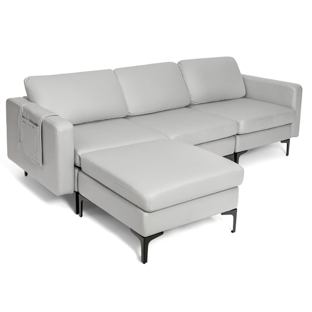 Finihen L-shaped Sectional Sofa Couch, Convertible Sectional Sofa, Modular L-shaped Sectional Sofa with Reversible Chaise and 2 USB Ports, for Living Room, Light Gray