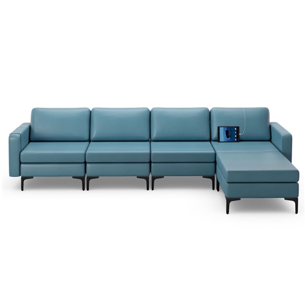 Finihen L-shaped Sectional Sofa Couch, Convertible Sectional Sofa, Modular L-shaped Sectional Sofa with Reversible Ottoman and 2 USB Ports, for Living Room, Blue