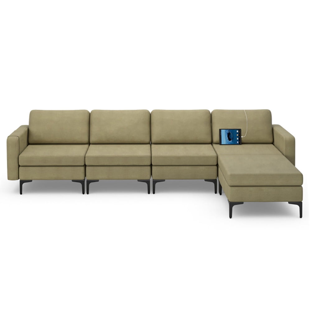 Finihen L-shaped Sectional Sofa Couch, Convertible Sectional Sofa, Modular L-shaped Sectional Sofa with Reversible Ottoman and 2 USB Ports, for Living Room, Green Finihen L-shaped Sectional Sofa Couch, Convertible Sectional Sofa, Modular L-shaped Sectional Sofa with Reversible Ottoman and 2 USB Ports, for Living Room, Green