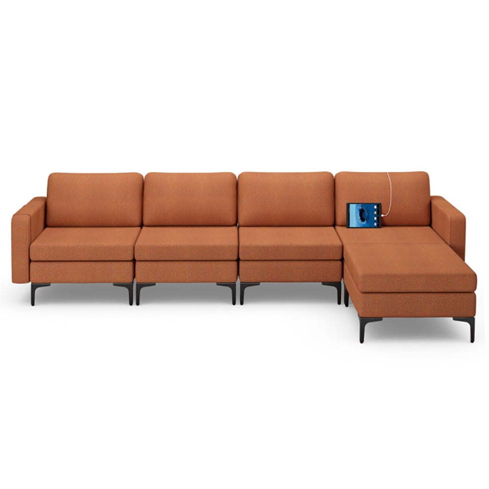 Finihen L-shaped Sectional Sofa Couch, Convertible Sectional Sofa, Modular L-shaped Sectional Sofa with Reversible Ottoman and 2 USB Ports, for Living Room, Orange Finihen L-shaped Sectional Sofa Couch, Convertible Sectional Sofa, Modular L-shaped Sectional Sofa with Reversible Ottoman and 2 USB Ports, for Living Room, Orange