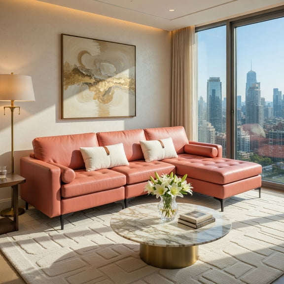 Demi Bonn L-shaped Sectional Sofa Couch, Modular L-shaped 3-Seat Sectional Sofa with Reversible Chaise and 2 USB Ports, for Living Room, Pink