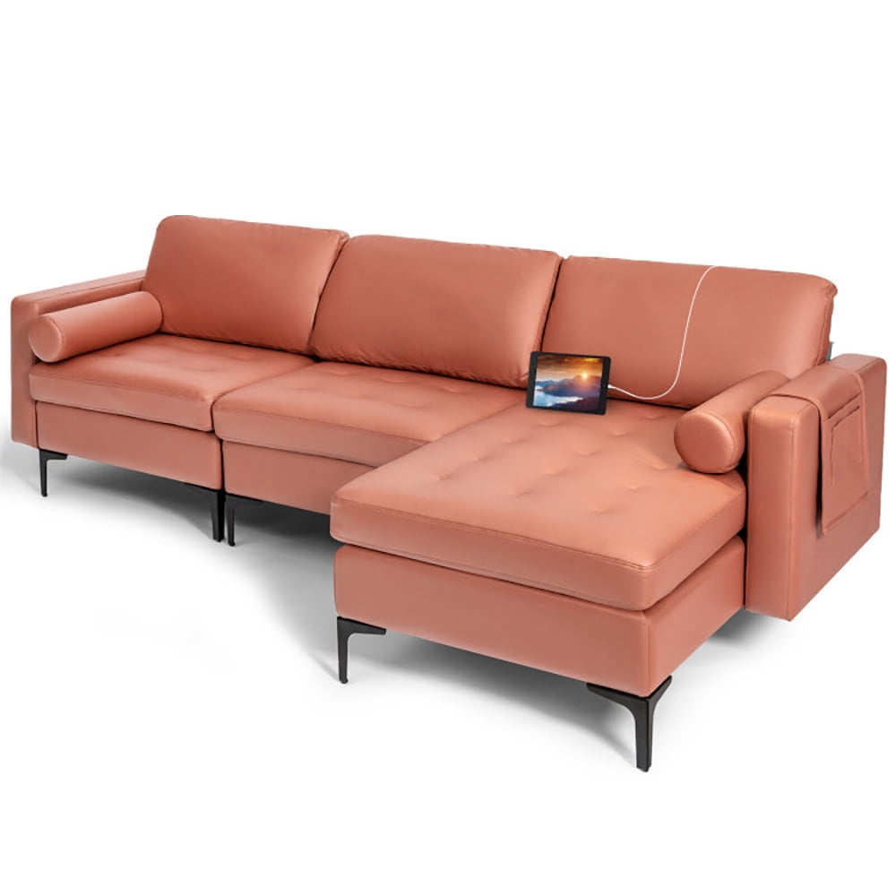 Finihen L-shaped Sectional Sofa Couch, Modular L-shaped 3-Seat Sectional Sofa with Reversible Chaise and 2 USB Ports, for Living Room, Pink Finihen L-shaped Sectional Sofa Couch, Modular L-shaped 3-Seat Sectional Sofa with Reversible Chaise and 2 USB Ports, for Living Room, Pink