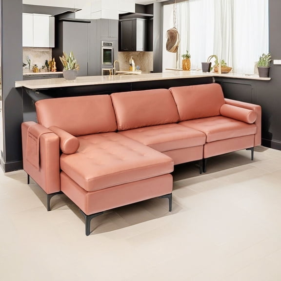 Demi Bonn L-shaped Sectional Sofa Couch, Modular L-shaped 3-Seat Sectional Sofa with Reversible Chaise and 2 USB Ports, for Living Room, Pink