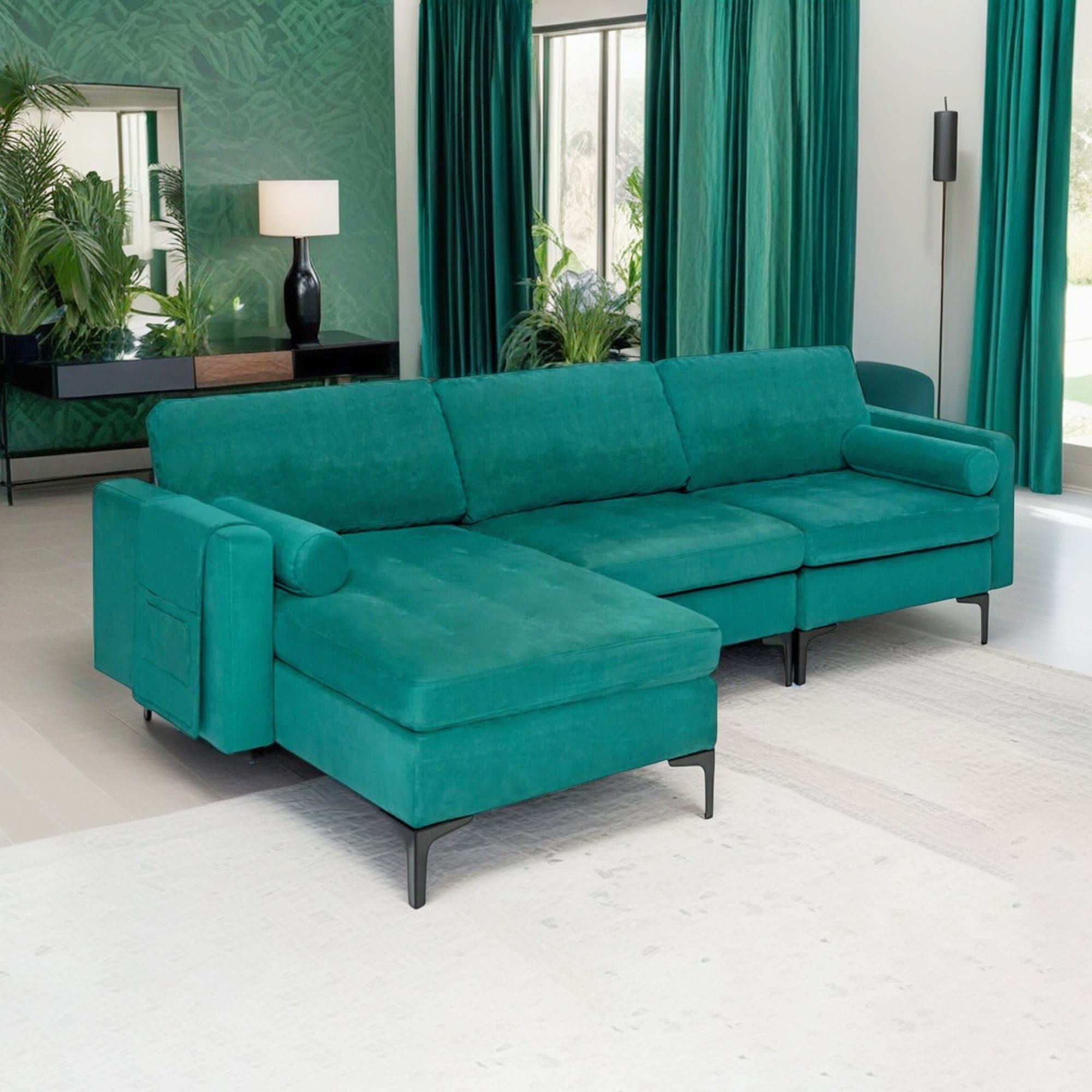 Demi Bonn L-shaped Sectional Sofa Couch, Modular L-shaped 3-Seat Sectional Sofa with Reversible Chaise and 2 USB Ports, for Living Room, Teal