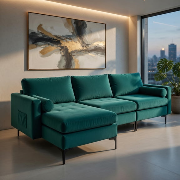 Demi Bonn L-shaped Sectional Sofa Couch, Modular L-shaped 3-Seat Sectional Sofa with Reversible Chaise and 2 USB Ports, for Living Room, Teal