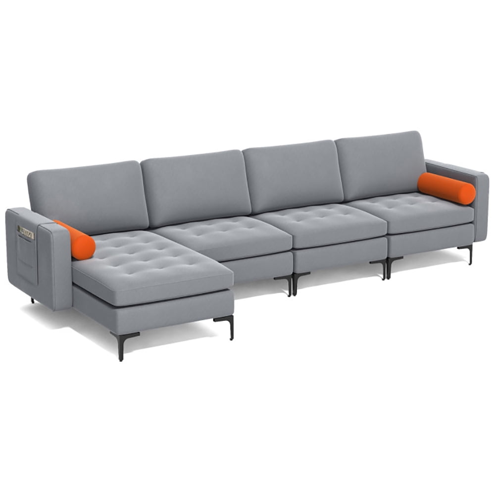 Finihen L-shaped Sectional Sofa Couch, Modular L-shaped 4-Seat Sectional Sofa with Reversible Chaise and 2 USB Ports, for Living Room, Light Gray Finihen L-shaped Sectional Sofa Couch, Modular L-shaped 4-Seat Sectional Sofa with Reversible Chaise and 2 USB Ports, for Living Room, Light Gray