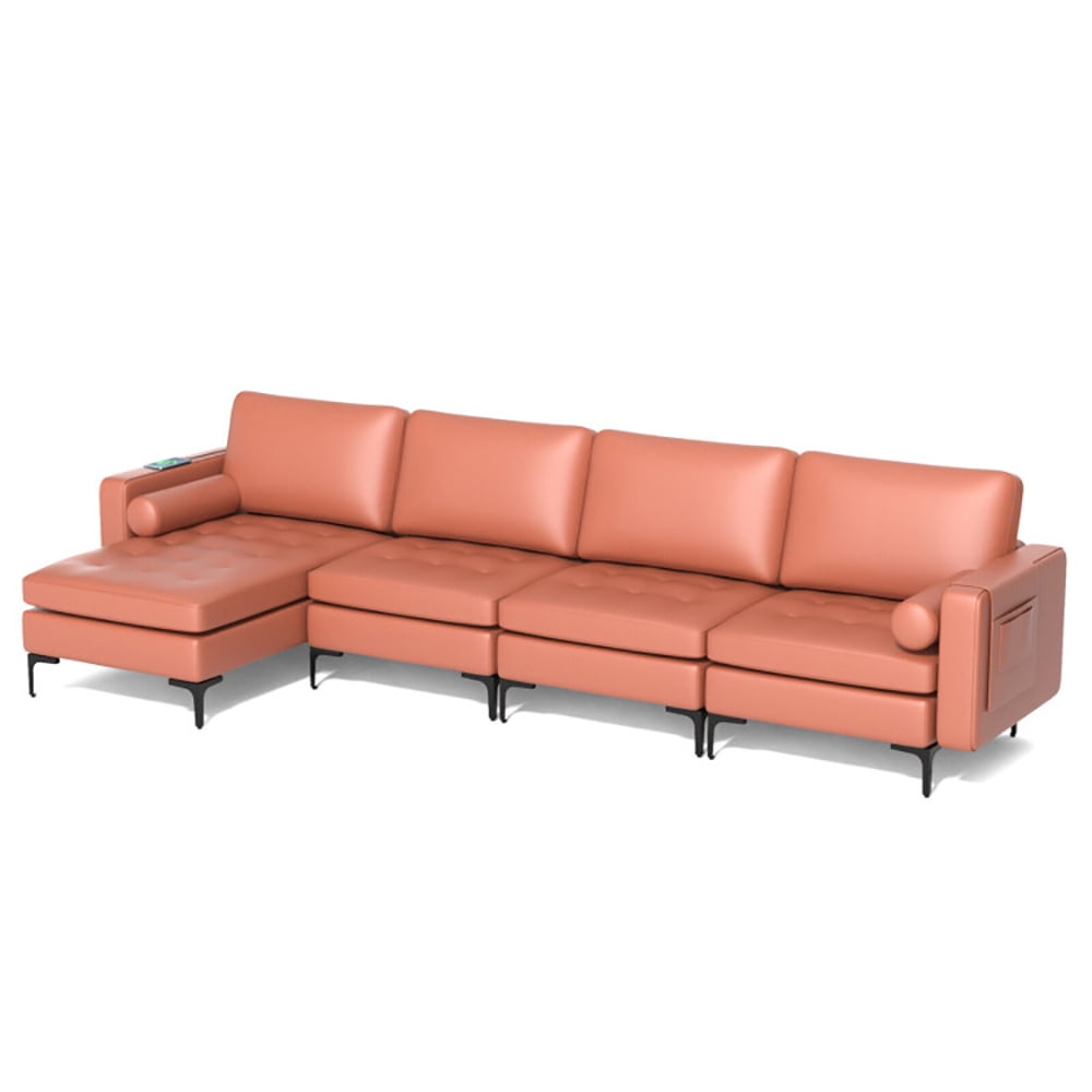 Finihen L-shaped Sectional Sofa Couch, Modular L-shaped 4-Seat Sectional Sofa with Reversible Chaise, for Living Room, Pink