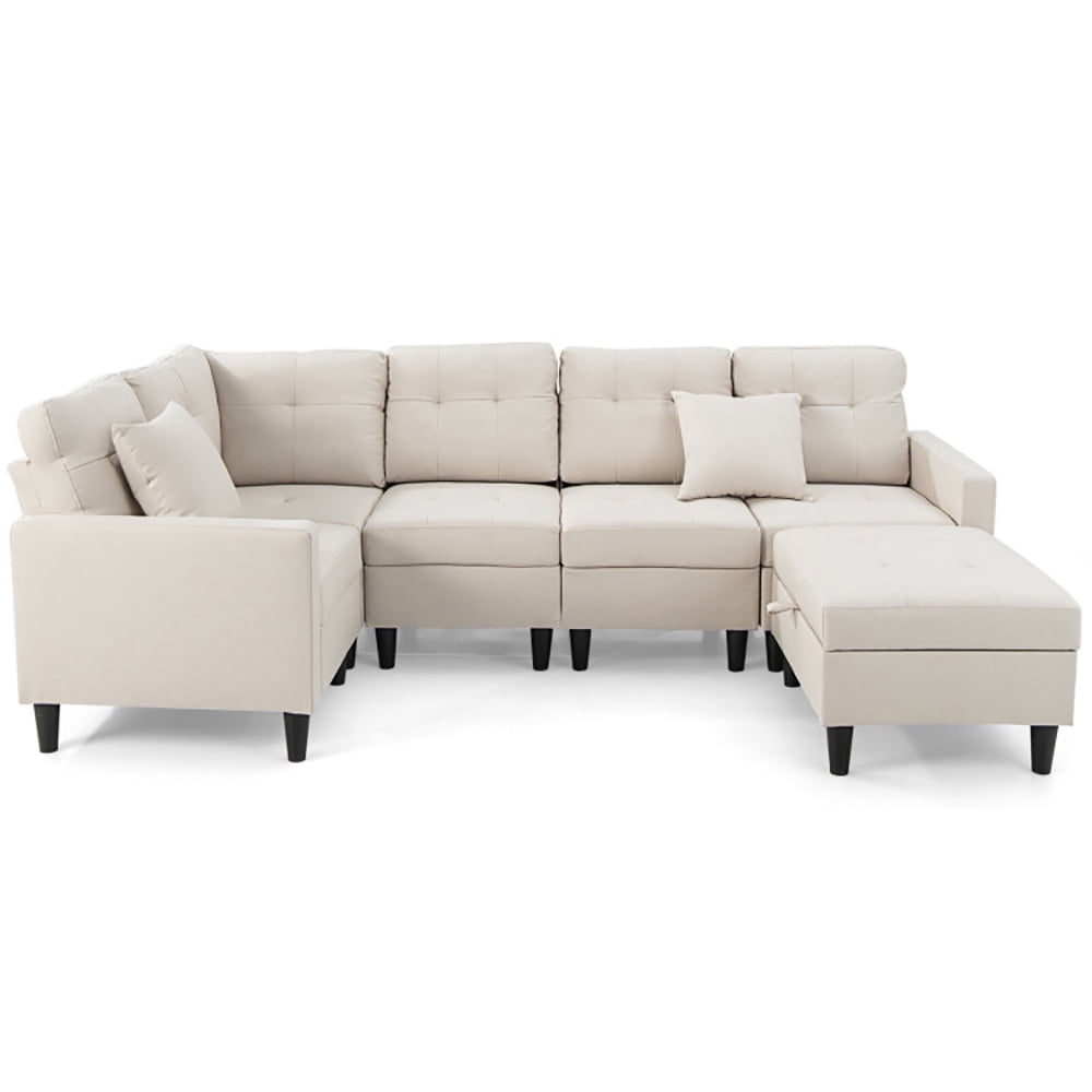 Finihen L-shaped Sectional Sofa Couch, Upholstered L-shaped Sectional Couch, L-shaped Sectional Corner Sofa Set with Storage Ottoman, for Living Room, Beige Finihen L-shaped Sectional Sofa Couch, Upholstered L-shaped Sectional Couch, L-shaped Sectional Corner Sofa Set with Storage Ottoman, for Living Room, Beige