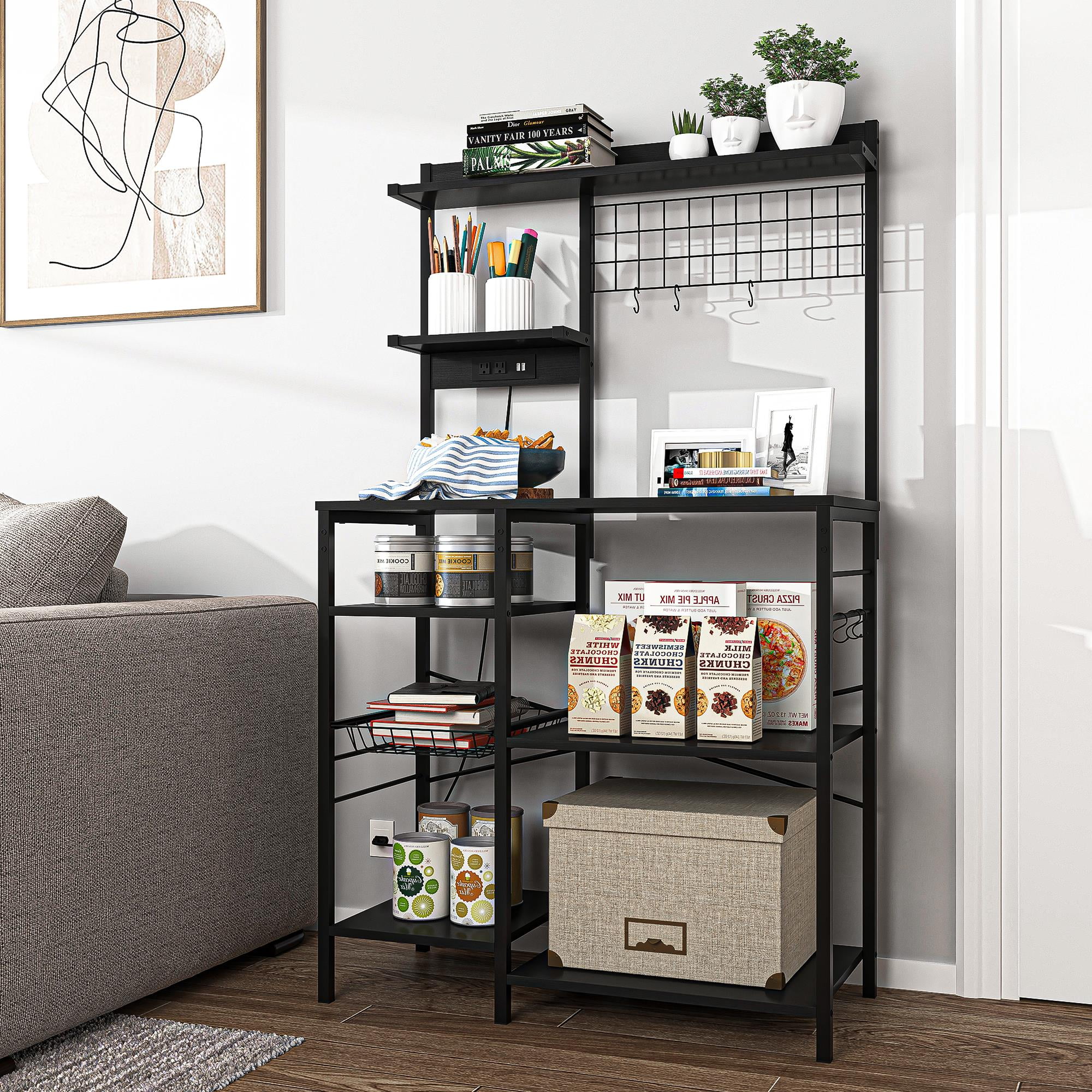 Finihen Large Bakers Rack with Power Outlets, 6-Tier Microwave Stand, Coffee Bar with 8 S-Shaped Hooks, Kitchen Shelf with Wire Basket, Black Finihen Large Bakers Rack with Power Outlets, 6-Tier Microwave Stand, Coffee Bar with 8 S-Shaped Hooks, Kitchen Shelf with Wire Basket, Black