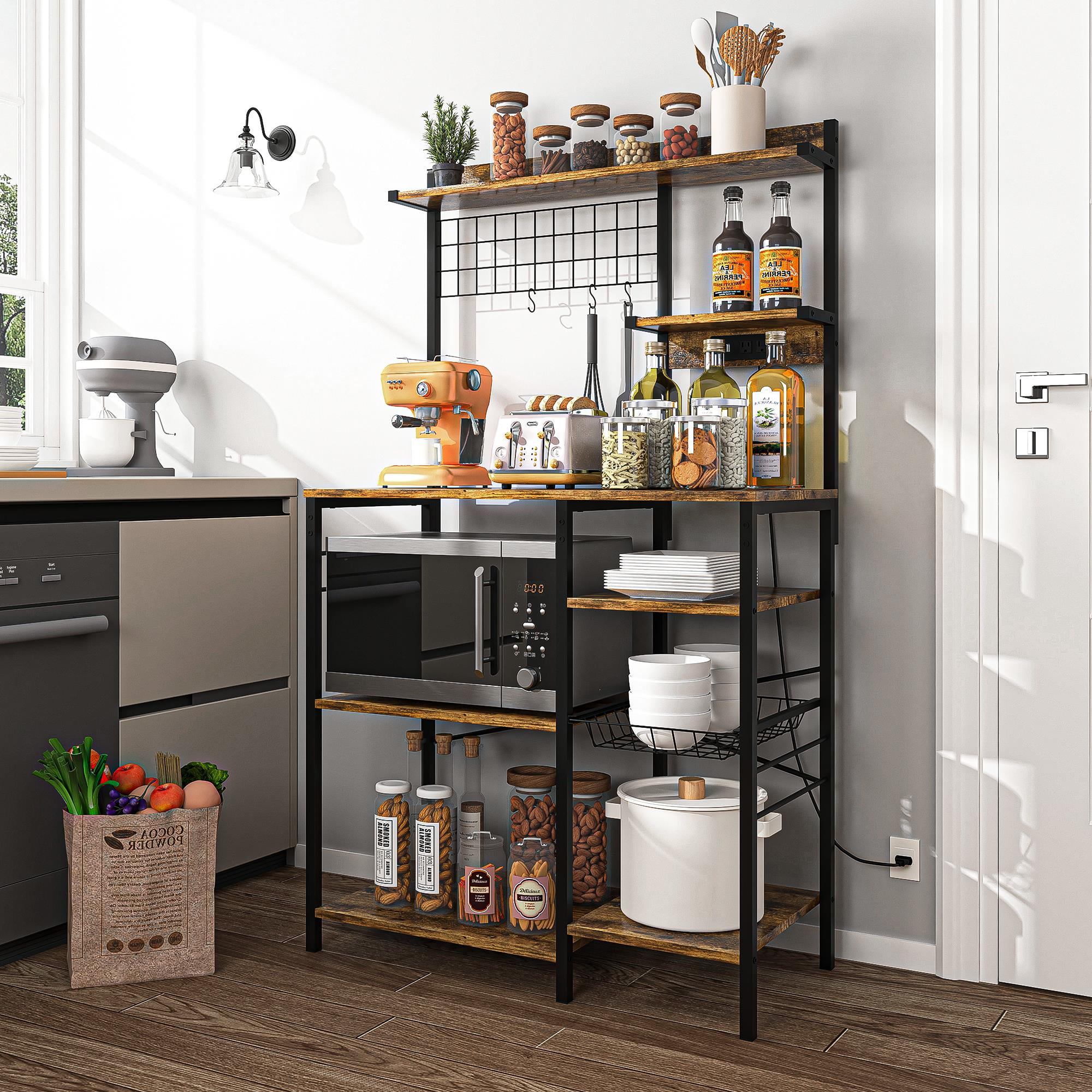 Finihen Large Bakers Rack with Power Outlets, 6-Tier Microwave Stand, Coffee Bar with 8 S-Shaped Hooks, Kitchen Shelf with Wire Basket, Brown Finihen Large Bakers Rack with Power Outlets, 6-Tier Microwave Stand, Coffee Bar with 8 S-Shaped Hooks, Kitchen Shelf with Wire Basket, Brown