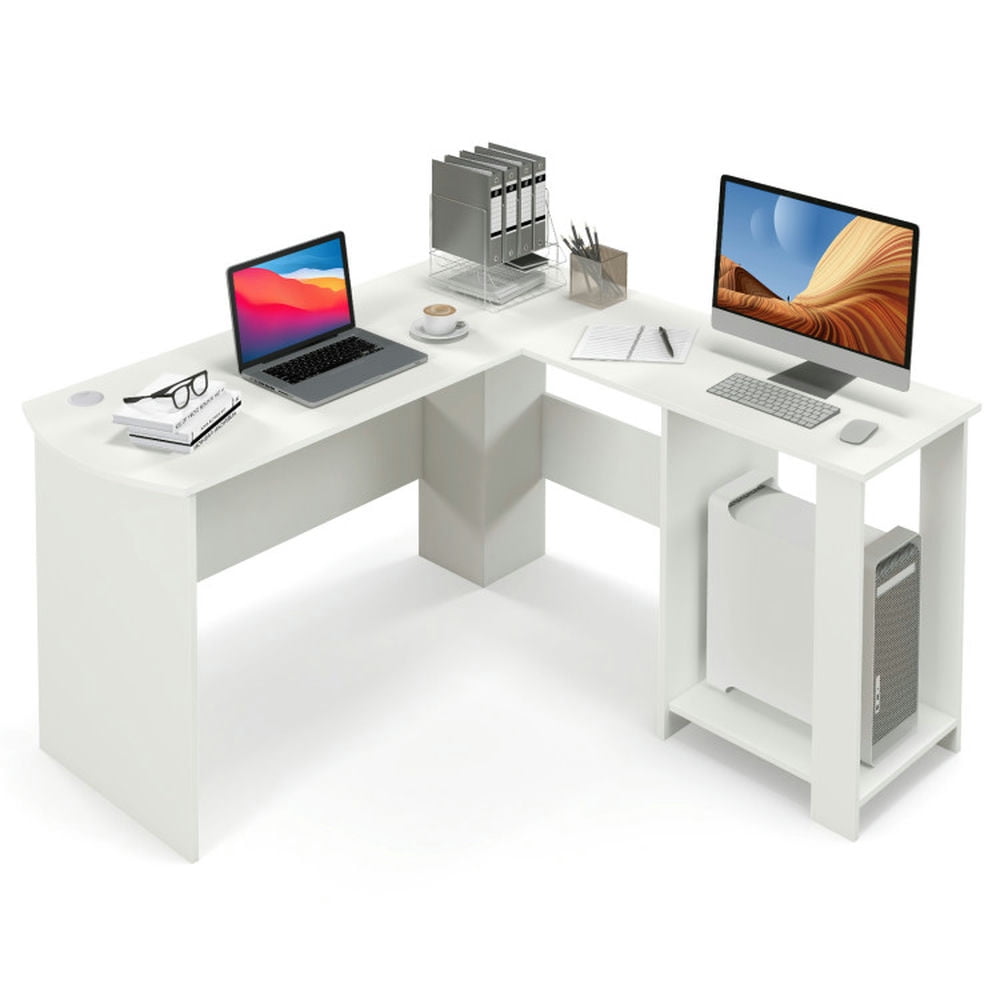 Finihen Large Modern L-shaped Computer Desk with 2 Cable Holes and 2 Storage Shelves, Small Home Office Desk Study Writing Table, White Finihen Large Modern L-shaped Computer Desk with 2 Cable Holes and 2 Storage Shelves, Small Home Office Desk Study Writing Table, White