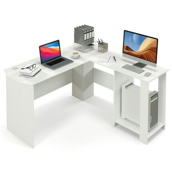 Demi Bonn Large Modern L-shaped Computer Desk with 2 Cable Holes and 2 Storage Shelves, Small Home Office Desk Study Writing Table, White