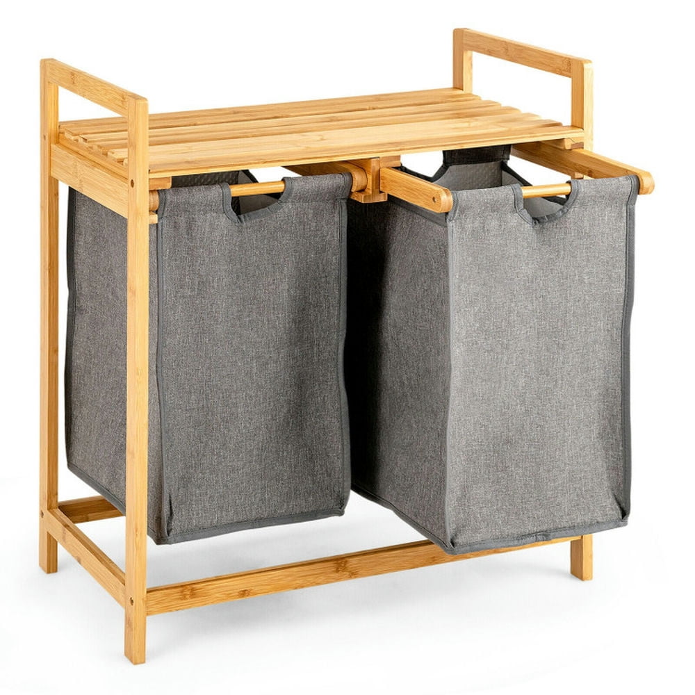 Finihen Laundry Hamper, Laundry Basket, Bamboo Laundry Hamper with Dual Compartments Laundry Sorter and Sliding Bags, for Bathroom, laundry Room, Natural Finihen Laundry Hamper, Laundry Basket, Bamboo Laundry Hamper with Dual Compartments Laundry Sorter and Sliding Bags, for Bathroom, laundry Room, Natural